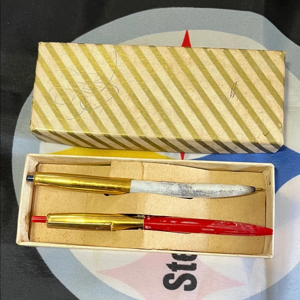 Antique Gold and Red Pen Set with Silver Accents